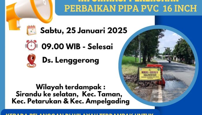 PDAM Tirta Mulia Pemalang Lakukan Perbaikan Pipa, Wilayah Terdampak Diimbau Mempersiapkan Air Bersih 